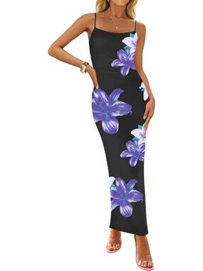 Women’s Dark Purple Floral Bodycon Maxi Square Neck Boho Beach Summer Long Dress
